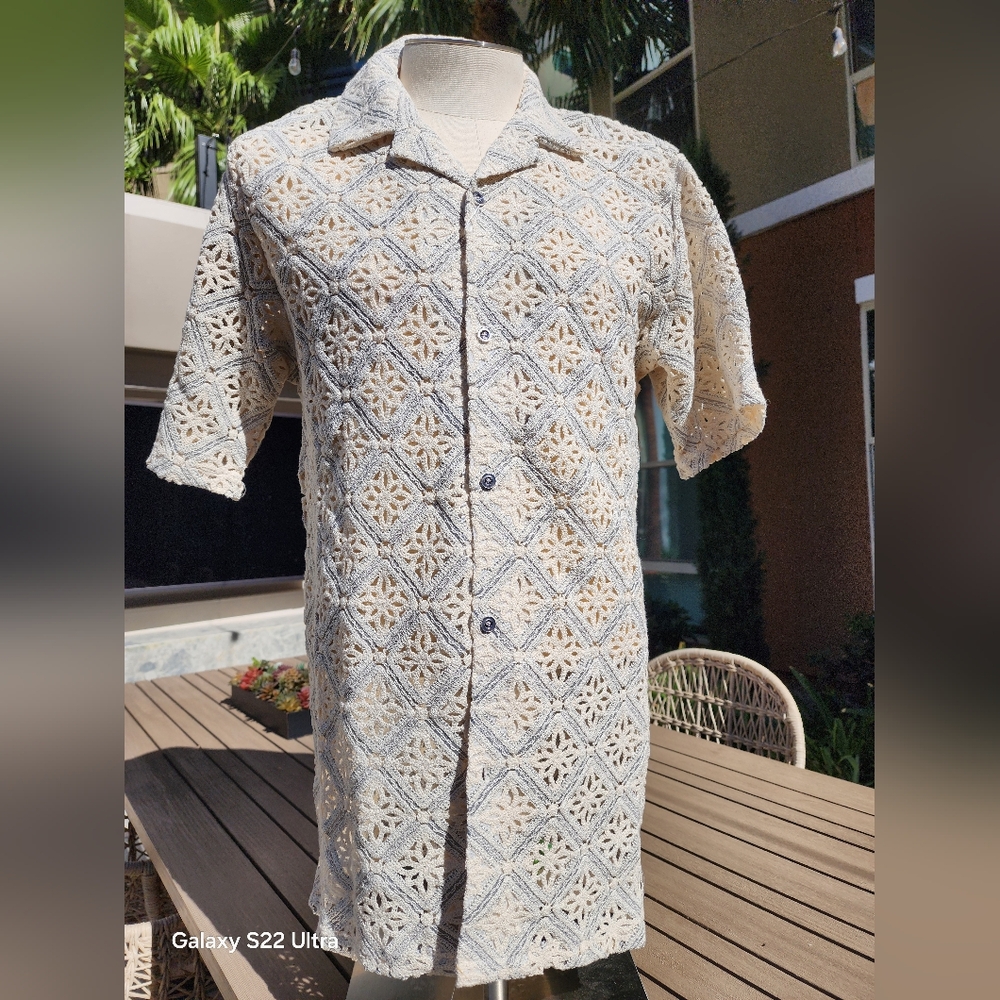 Stacy Adams Men's Gray Geometric Floral Lattice Crochet Woven Shirt Size XL - Picture 4 of 10